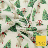 White Christmas Tree Sleigh Winceyette Soft Brushed Cotton Print Fabric 1620