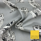 Silver Grey Large Vintage Owls 100% COTTON CANVAS Printed Fabric Craft 58" 1711