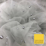 LIGHT GREY Studded Pearl Mesh Net Fabric Bridal Soft Drape Sheer Craft Dress 939