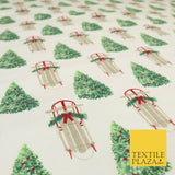 White Christmas Tree Sleigh Winceyette Soft Brushed Cotton Print Fabric 1620