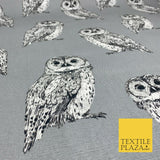 Silver Grey Large Vintage Owls 100% COTTON CANVAS Printed Fabric Craft 58" 1711