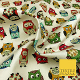 Ivory Cream Owls 100% COTTON CANVAS Printed Fabric Colourful Craft 58" 1709