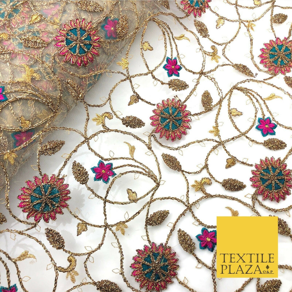 Luxury Coloured Ornate Flower Jaal Antique Metallic Threadwork Net Fabric JF290