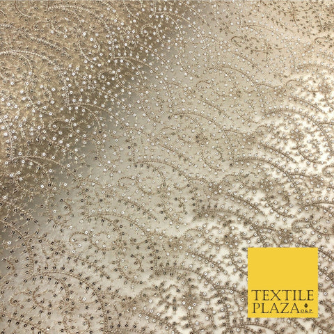 Gold / Stone Heavy Jaal Intricate Sequin Threadwork Fancy Fine Net Fabric JB298