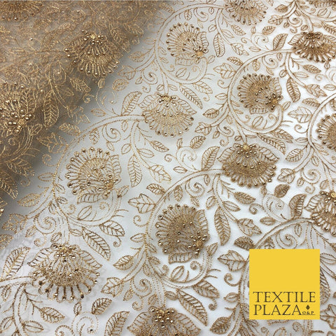 Gold Lotus Leaf Flower Intricate Threadwork Stone Fancy Fine Net Fabric JB297