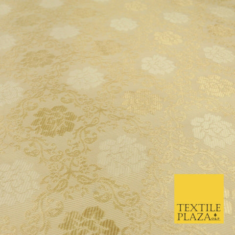 CREAM GOLD Floral Ornate Lattice Banarsi Brocade Fabric Dress Fancy Craft 1570