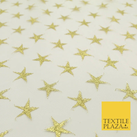 GOLD Metallic 2cm Star Print White Mesh Net Fabric Sparkle Dress Craft 1550