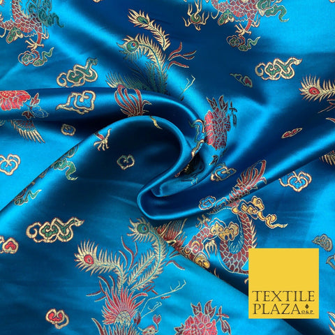 TURQUOISE Oriental Dragon Chinese Brocade Satin Embroidered Dress Fabric A1117