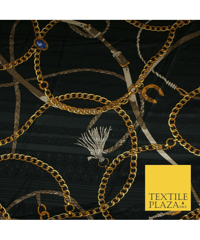 Luxury Chic Designer Belt Chain Tassel Black Jacquard Satin Dress Fabric 2066