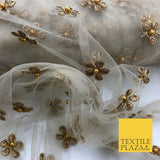 Light Stone Small Gold Pearl Flower Threadwork Antique Fancy Net Fabric JB295