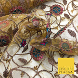 Luxury Gold/Mustard Coloured Ornate Flower Jaal Metallic Threadwork Net JF287