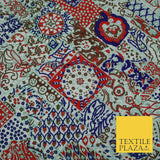 Red Mix Patchwork Style Printed 100% PURE Dupion Silk Fabric Slub Handloom 1811