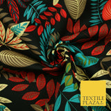 Black Multi Colourful Tropical Leaves 100% COTTON CANVAS Print Fabric Craft 2288