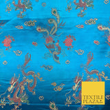 TURQUOISE Oriental Dragon Chinese Brocade Satin Embroidered Dress Fabric A1117
