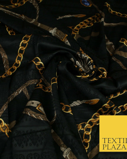 Luxury Chic Designer Belt Chain Tassel Black Jacquard Satin Dress Fabric 2066