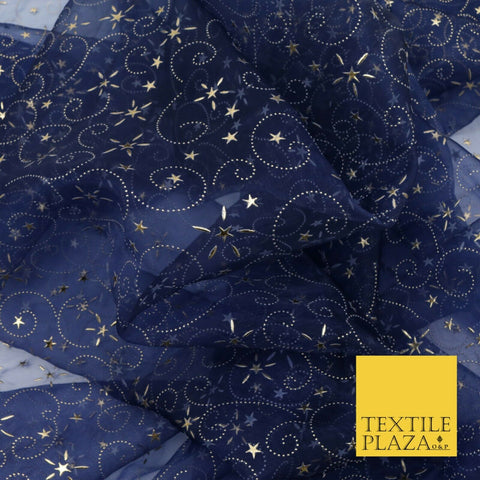 NAVY BLUE Premium Gold Magical Shooting Stars Organza Fabric Dress Craft 1544