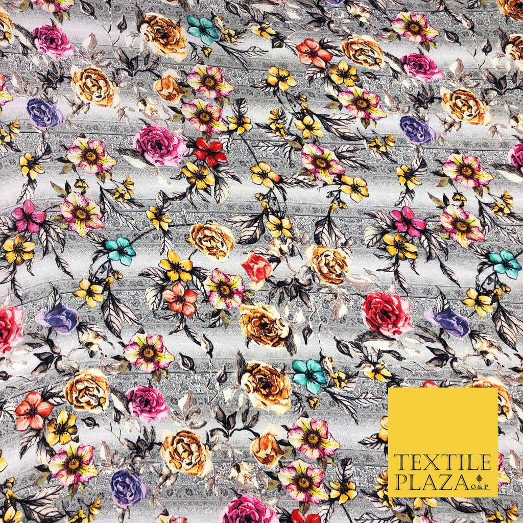 Grey Intense Floral Silky Digital Print Satin Crepe Dress Fabric Trendy I1078