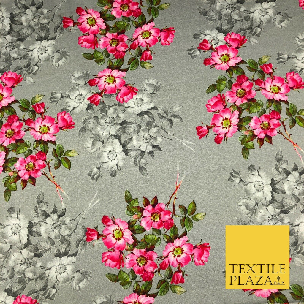 Grey Floral Cluster Silky Digital Print Satin Crepe Dress Fabric Trendy I1070
