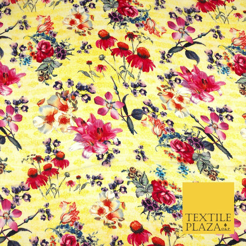 Yellow Summer Floral Silky Digital Print Satin Crepe Dress Fabric Trendy I1069