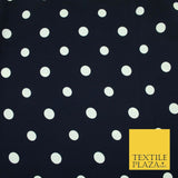 Navy Blue Ivory Spot Polka Dot Printed 100% Polyester Peachskin Dress Fabric1953