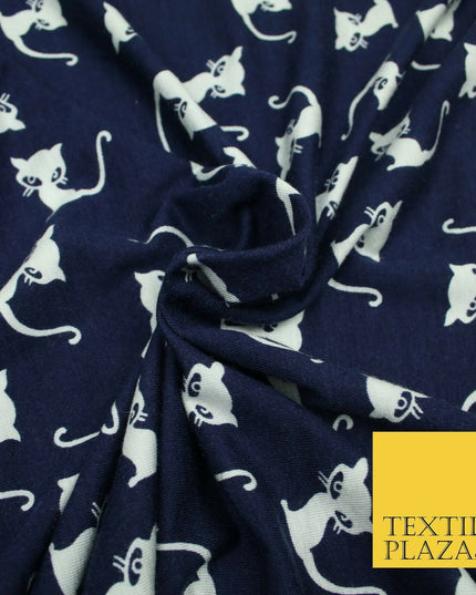 Soft Blue White Siamese Cats Printed Brushed Stretch Rayon Jersey Fabric 1952