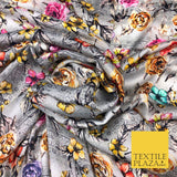 Grey Intense Floral Silky Digital Print Satin Crepe Dress Fabric Trendy I1078