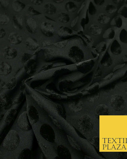 BLACK Velvet Spotted Polka Dot Devore Jersey Fabric Material Dress Craft 1960