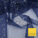 NAVY BLUE Premium Gold Magical Shooting Stars Organza Fabric Dress Craft 1544
