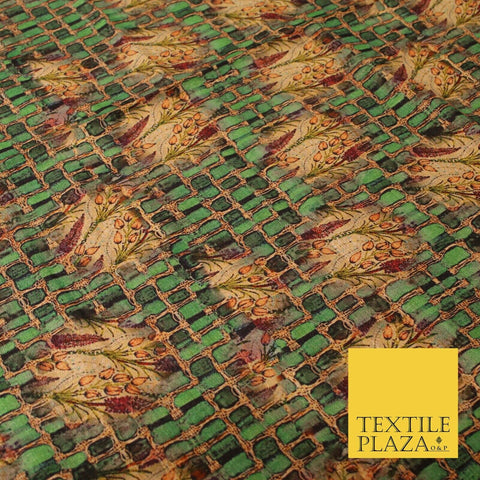 Unusual Bold Abstract Green Check Floral Digital Print Faux Raw Silk Fabric 3018