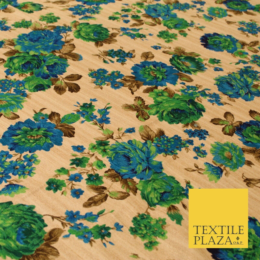Gold Green Turquoise Blue Floral Digital Print Faux Raw Silk Dress Fabric 3019