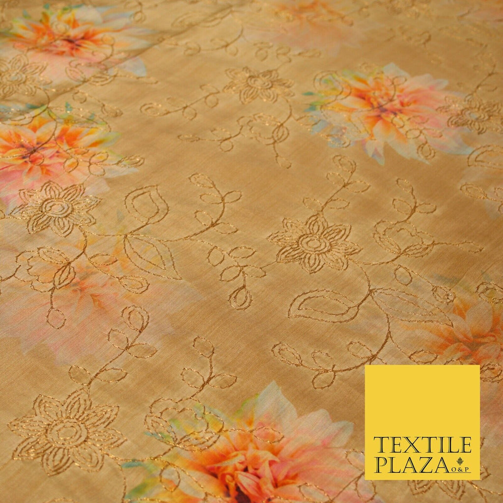 Gold Floral Printed Threadwork Embroidered Faux Silk Taffeta Dress Fabric 3023