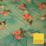 Jade Sea Green Blue Floral Bunch Cluster Digital Print Faux Raw Silk Fabric 3014