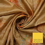 Gold Floral Printed Threadwork Embroidered Faux Silk Taffeta Dress Fabric 3023