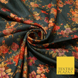 Dark Teal Floating Floral Allover Digital Print Faux Raw Silk Dress Fabric 3011