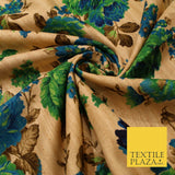 Gold Green Turquoise Blue Floral Digital Print Faux Raw Silk Dress Fabric 3019