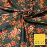 Dark Teal Floating Floral Allover Digital Print Faux Raw Silk Dress Fabric 3011