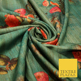 Jade Sea Green Blue Floral Bunch Cluster Digital Print Faux Raw Silk Fabric 3014