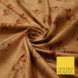Dark Gold Rust Brown Floral Bunch Kalamkari Look Print Faux Raw Silk Fabric 3003