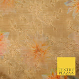Gold Floral Printed Threadwork Embroidered Faux Silk Taffeta Dress Fabric 3023
