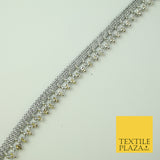 Silver Chrome Textured Pearl Cone Beaded Ribbon Trim Border Indian Lace X323