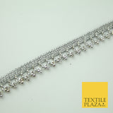 Silver Chrome Textured Pearl Cone Beaded Ribbon Trim Border Indian Lace X323
