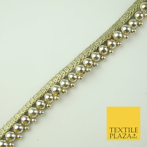 White Gold Chrome Shiny Sphere Pearl Beaded Ribbon Trim Border Indian Lace X328