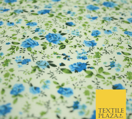 Blue Ivory Rose Ditsy Flower Printed Poly Cotton Fabric Polycotton Mask 3729