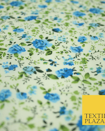 Blue Ivory Rose Ditsy Flower Printed Poly Cotton Fabric Polycotton Mask 3729
