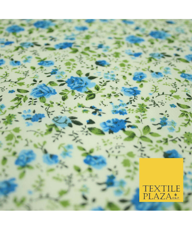 Blue Ivory Rose Ditsy Flower Printed Poly Cotton Fabric Polycotton Mask 3729