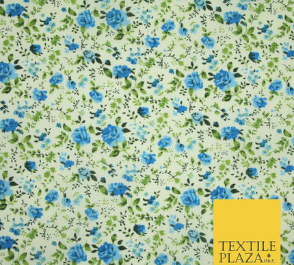 Blue Ivory Rose Ditsy Flower Printed Poly Cotton Fabric Polycotton Mask 3729