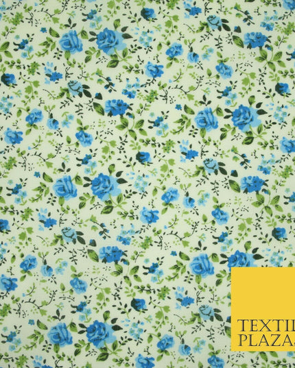 Blue Ivory Rose Ditsy Flower Printed Poly Cotton Fabric Polycotton Mask 3729