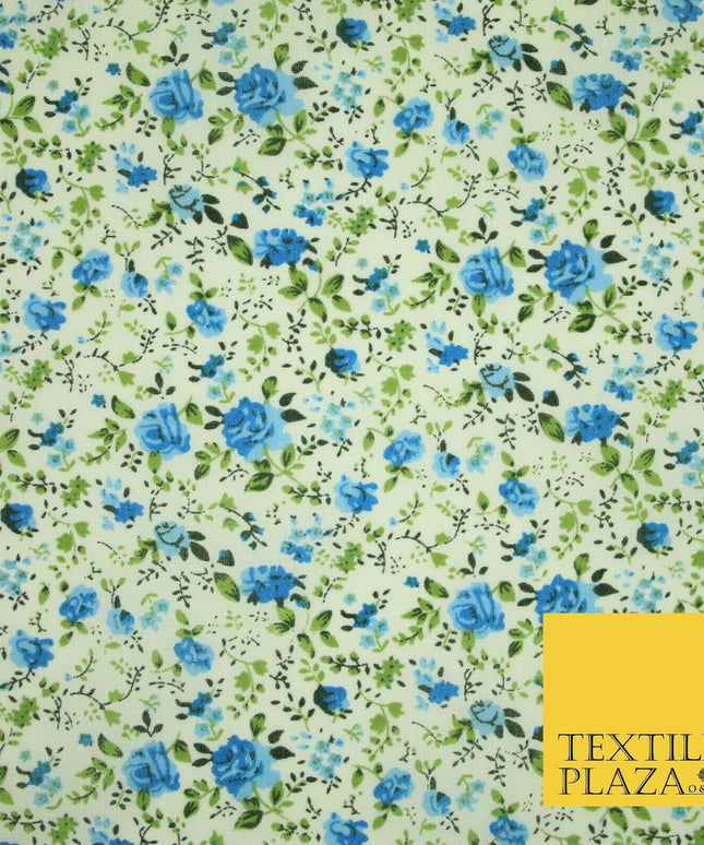 Blue Ivory Rose Ditsy Flower Printed Poly Cotton Fabric Polycotton Mask 3729