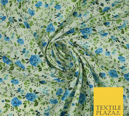 Blue Ivory Rose Ditsy Flower Printed Poly Cotton Fabric Polycotton Mask 3729