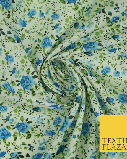 Blue Ivory Rose Ditsy Flower Printed Poly Cotton Fabric Polycotton Mask 3729
